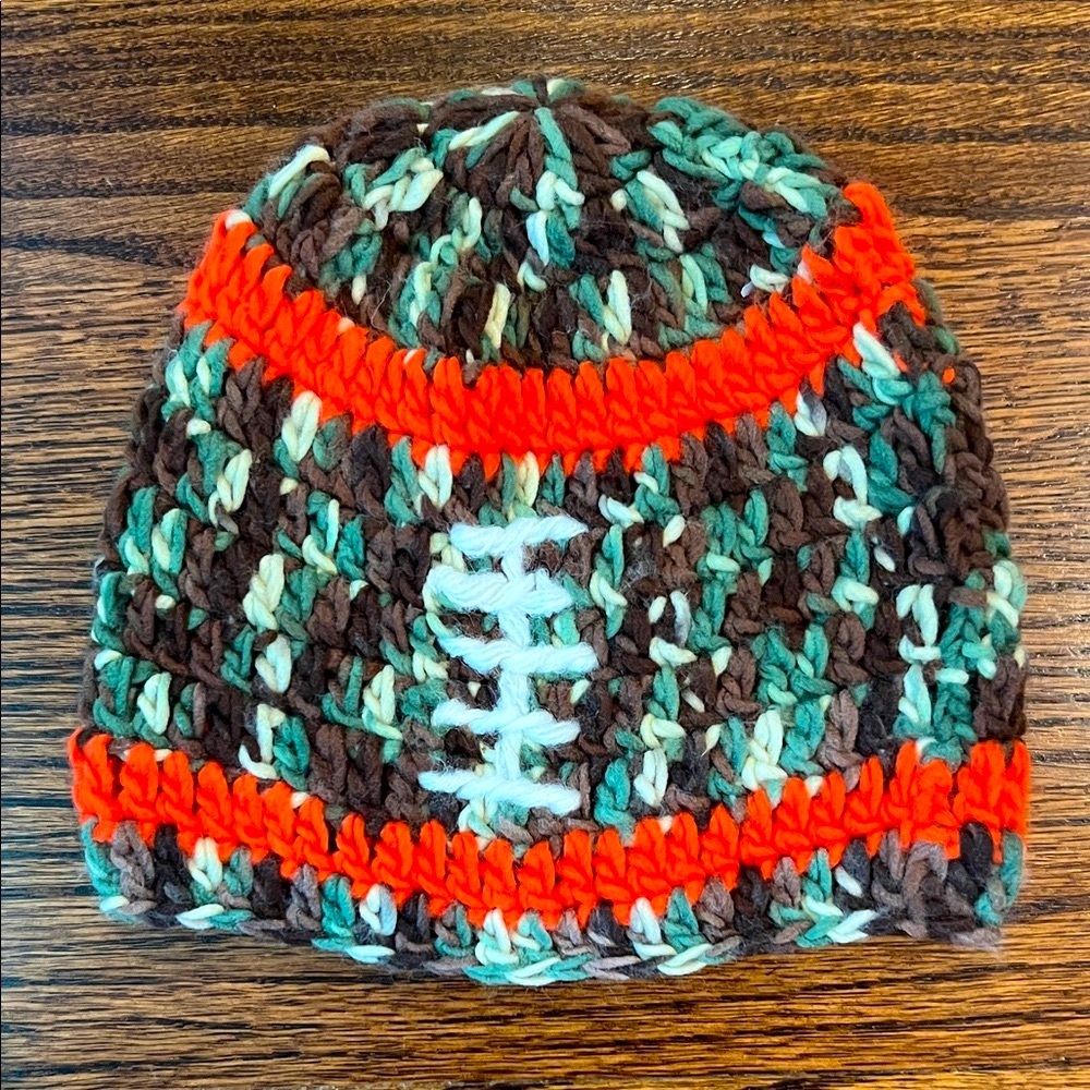 Cozy Kids' Football Knit Hat - Camo colors, Brown, Orange, Green